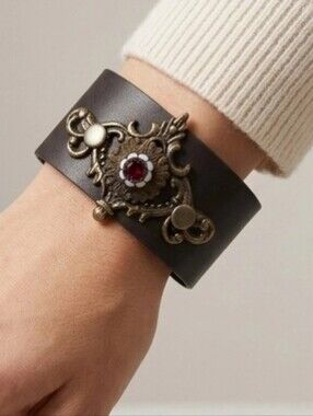 Cuff Bracelet Bronze Tone Metal Derp Red Rhinestone Ornate Filigree Brass Color